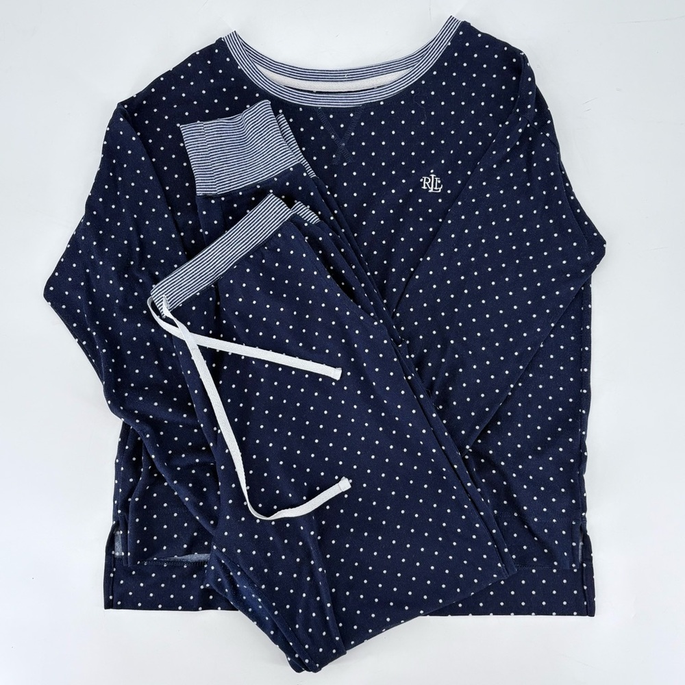 Lauren Ralph Lauren Women's Navy White Polka Dot Long Sleeve and Pants PJ Set - Picture 2 of 16